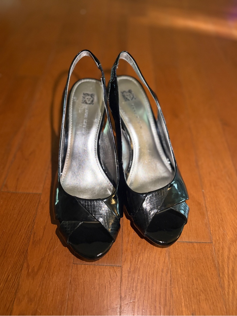 Anne Klein Black Patent Peep-Toe Slingback Heels